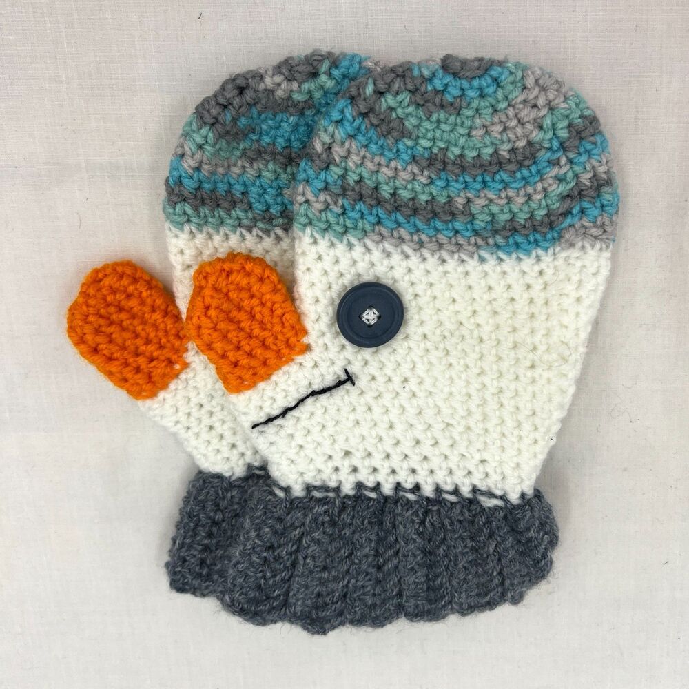 Handmade Crochet Snowman Mittens Kids Winter Novelty Cream Gray Orange Nose